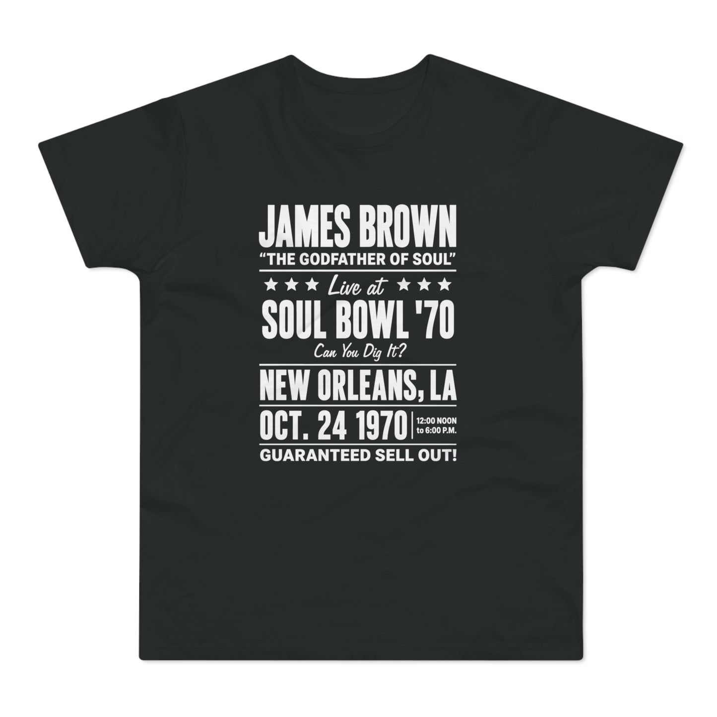 James Brown Soul Bowl '70 concert t-shirt with date and location.