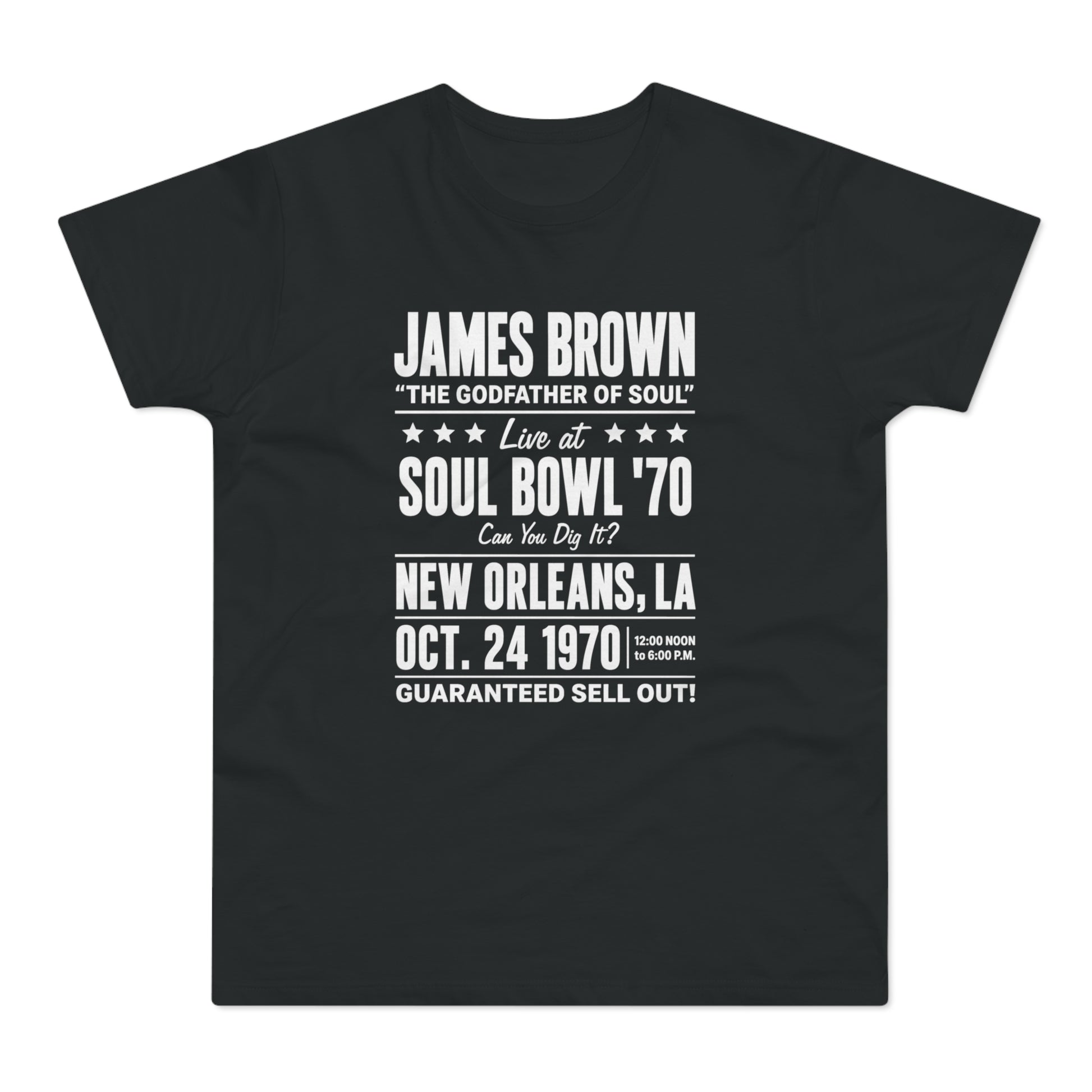 James Brown Soul Bowl '70 concert t-shirt with date and location.
