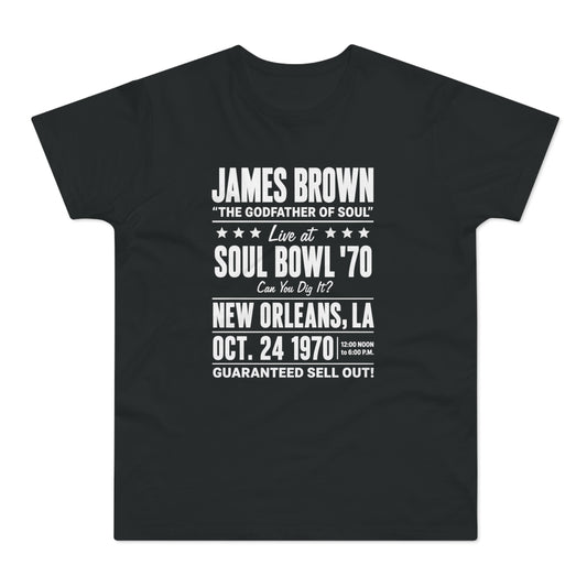 James Brown Soul Bowl '70 concert t-shirt with date and location.