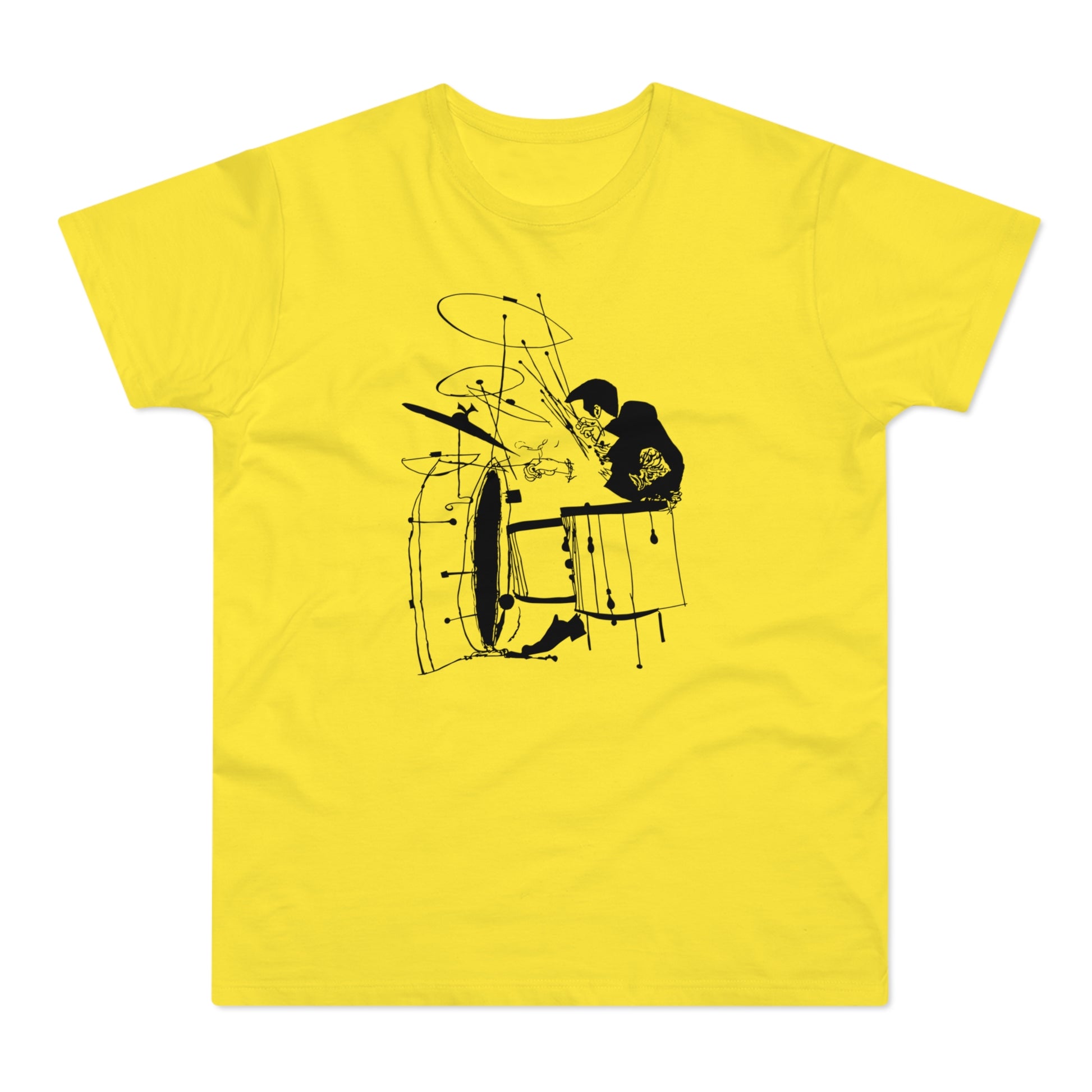 Black line art of a drummer playing drums on a yellow t-shirt.