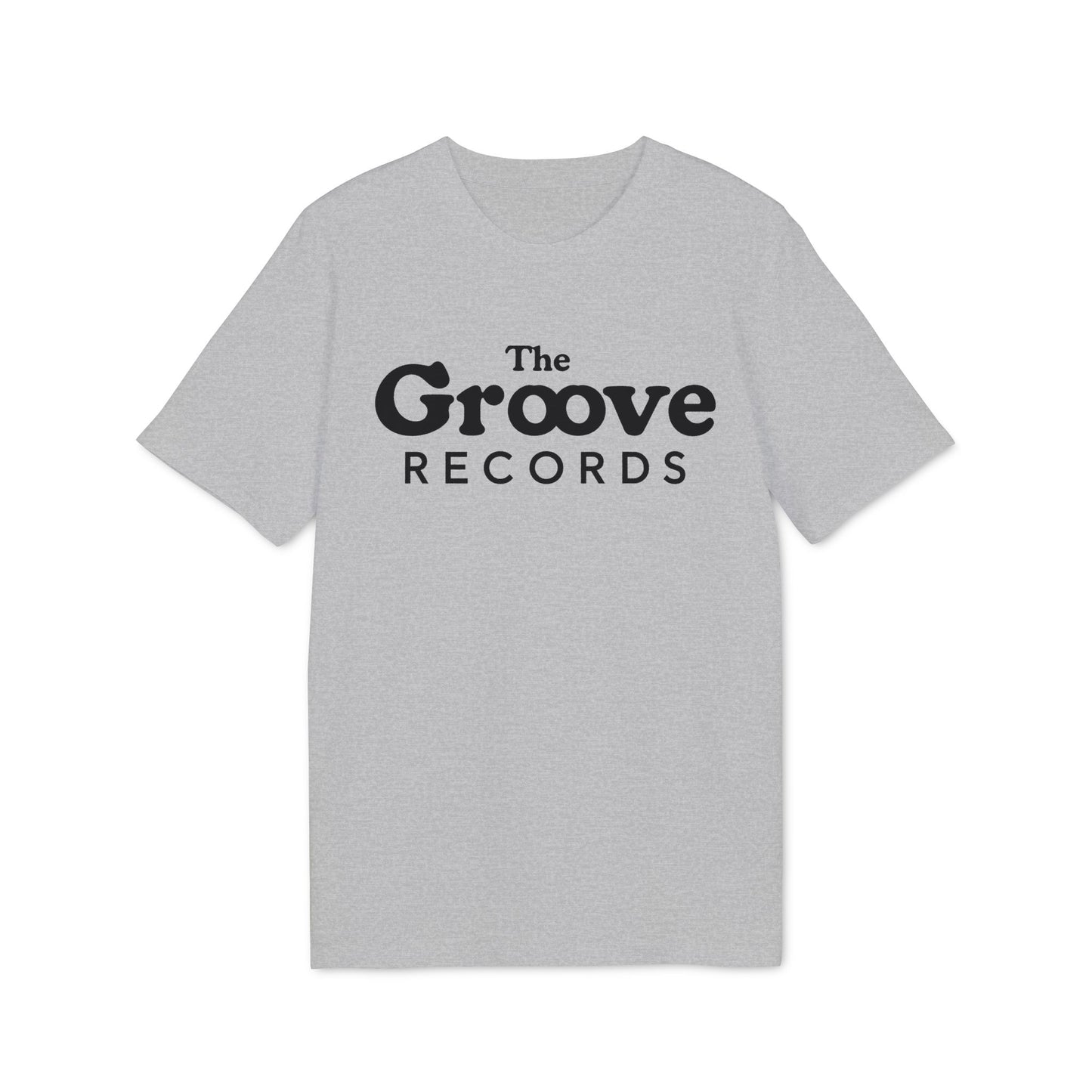 Grey t-shirt with black text "The Groove Records" on the chest.