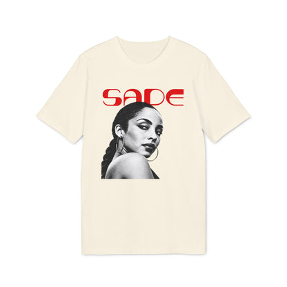 Cream t-shirt with black and white portrait of Sade and red "SADE" text.