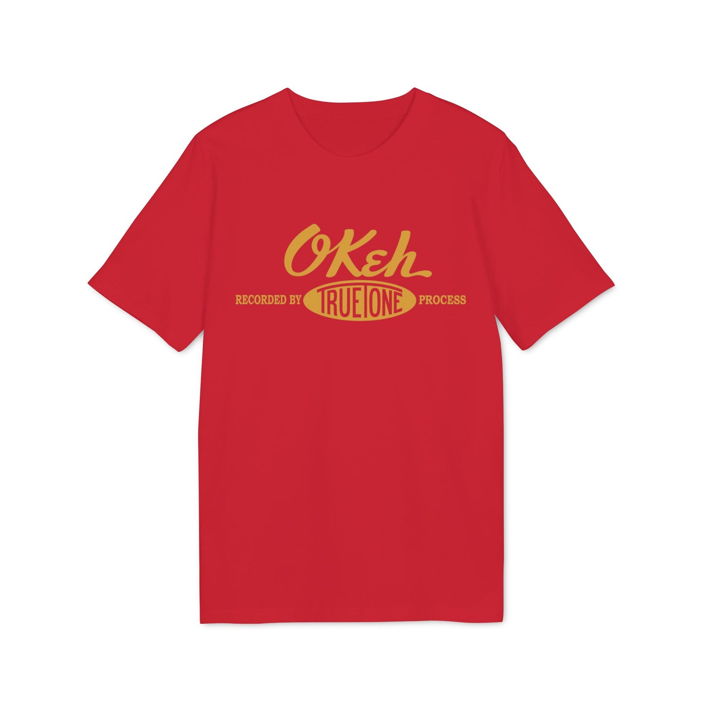 Red t-shirt with yellow "Okeh Recorded by True Tone Process" text.