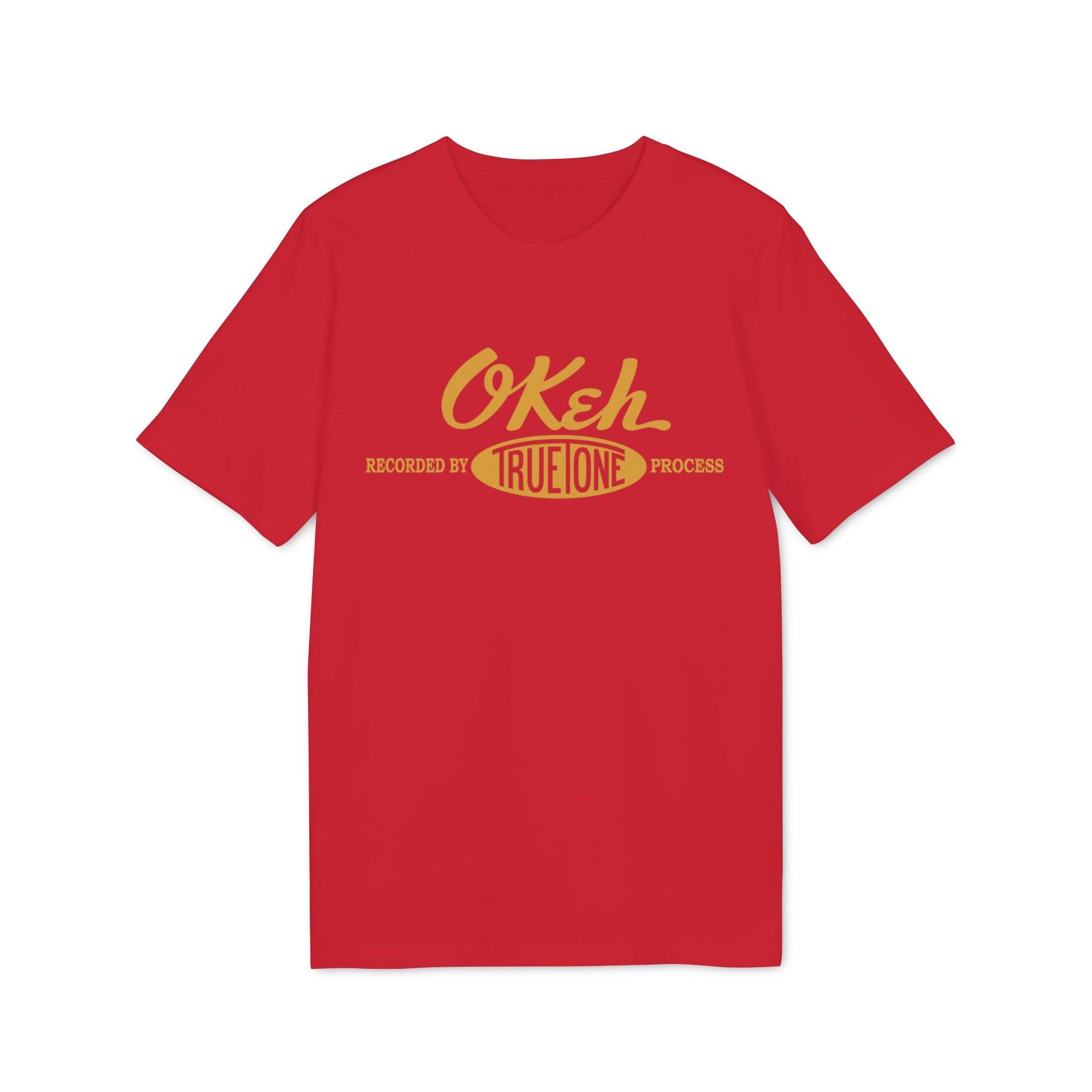 Red t-shirt with yellow "Okeh Recorded by True Tone Process" text.
