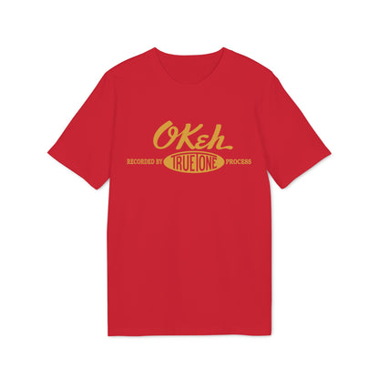 Red t-shirt with yellow "Okeh Recorded by True Tone Process" text.