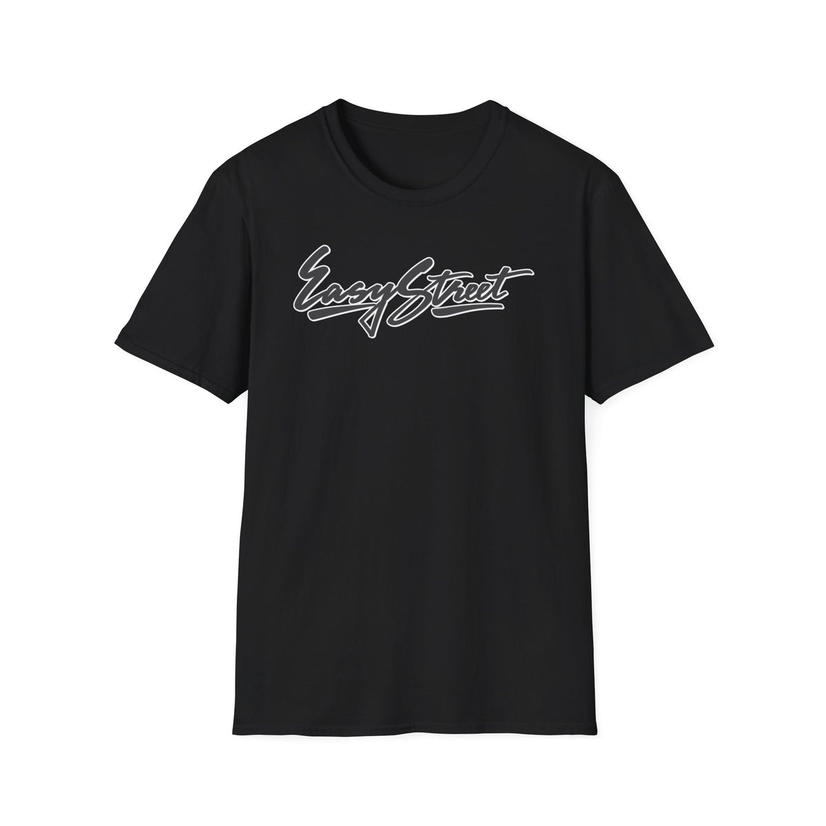 Black t-shirt with white cursive "Easy Street" logo on chest.