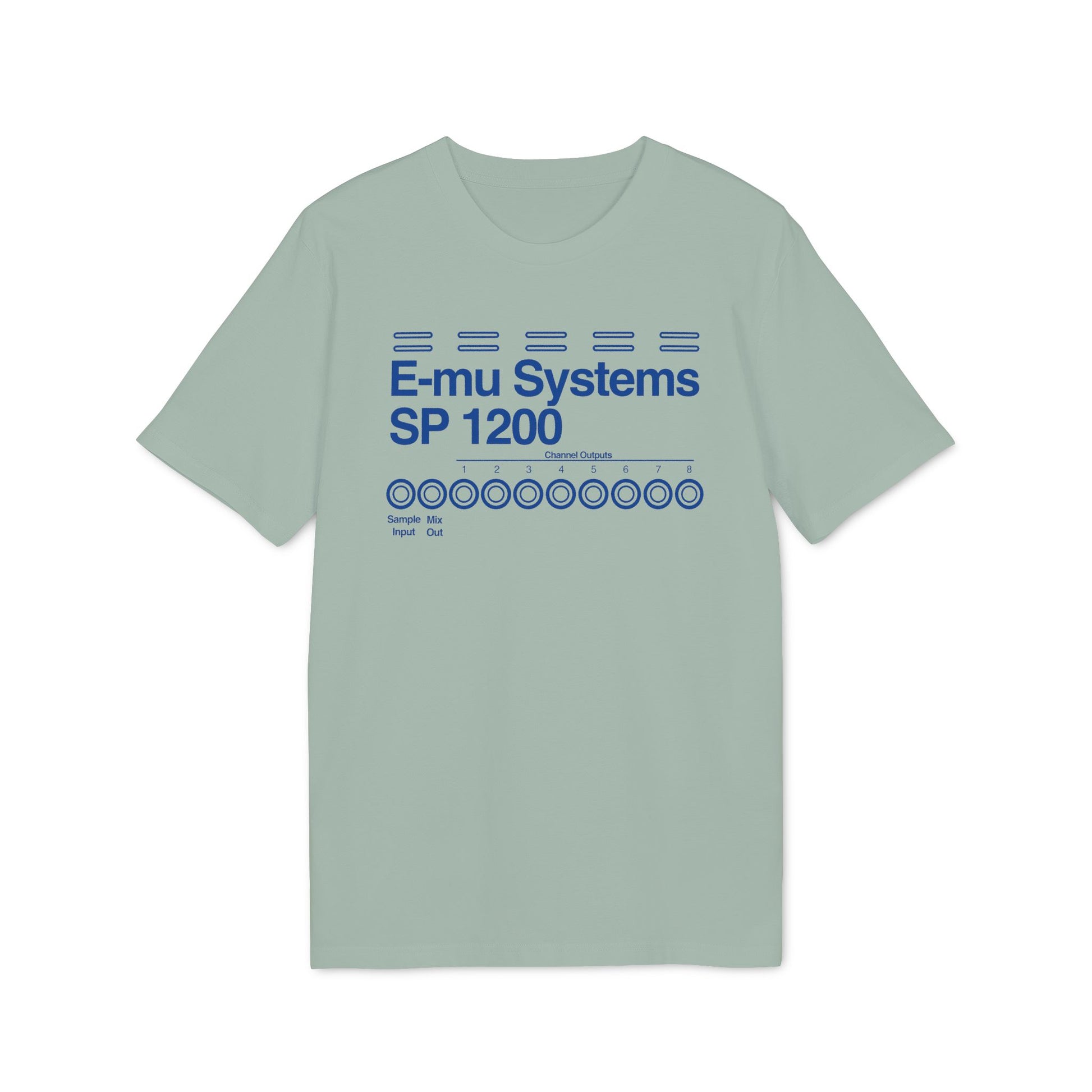 Light green t-shirt with blue text "E-mu Systems SP 1200" and channel outputs.