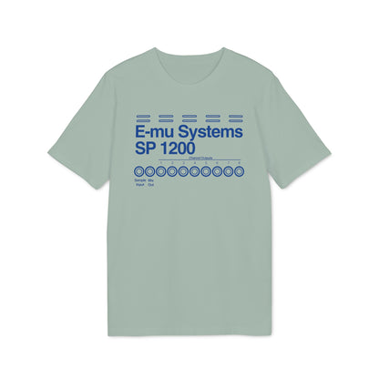Light green t-shirt with blue text "E-mu Systems SP 1200" and channel outputs.