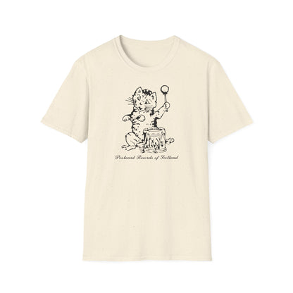 Cream t-shirt with a black ink drawing of a cat playing a drum. Postcard Records of Scotland text below.