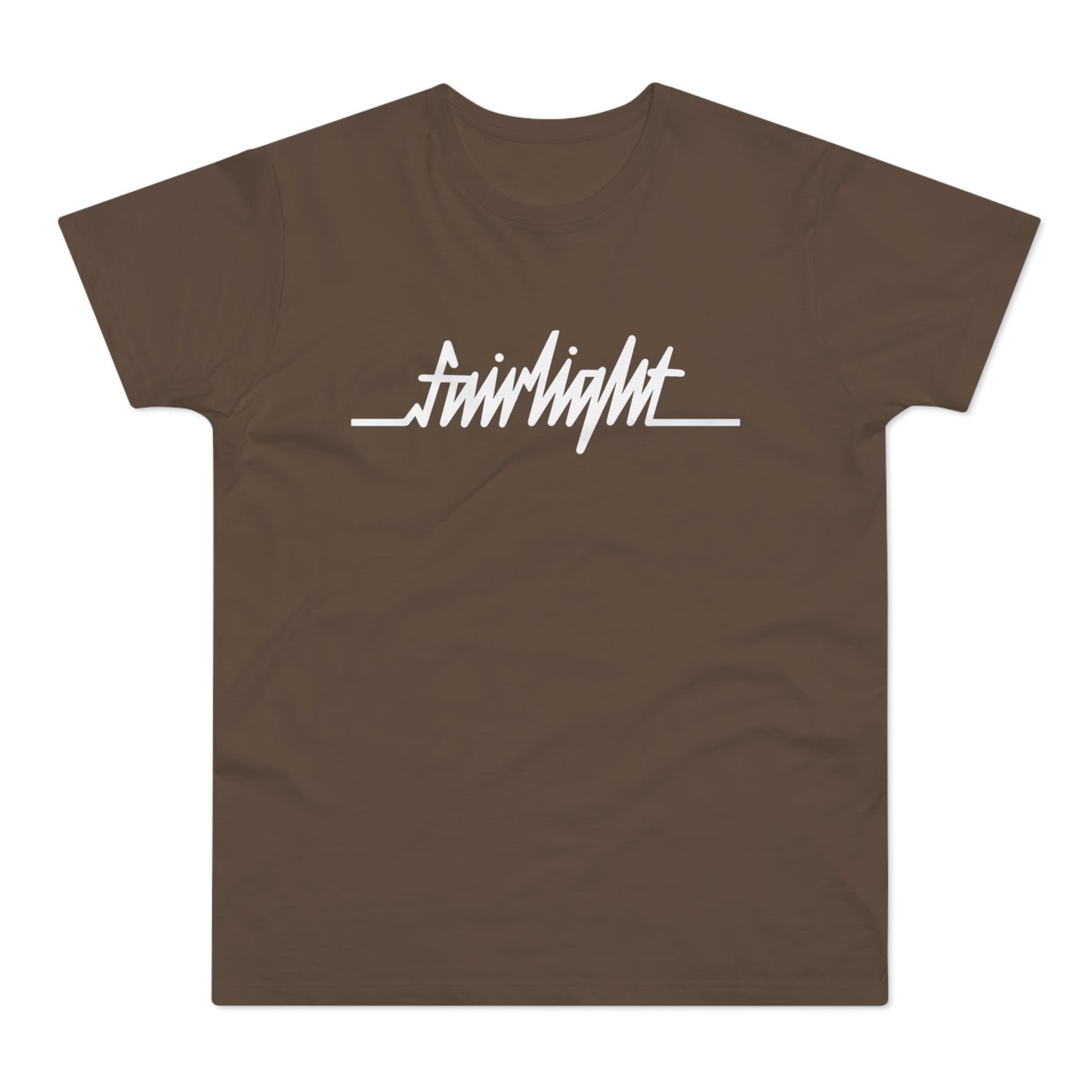 Brown t-shirt with white "fairlight" logo and horizontal line graphic.