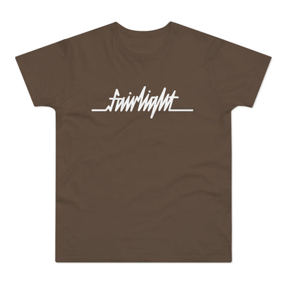 Brown t-shirt with white "fairlight" logo and horizontal line graphic.