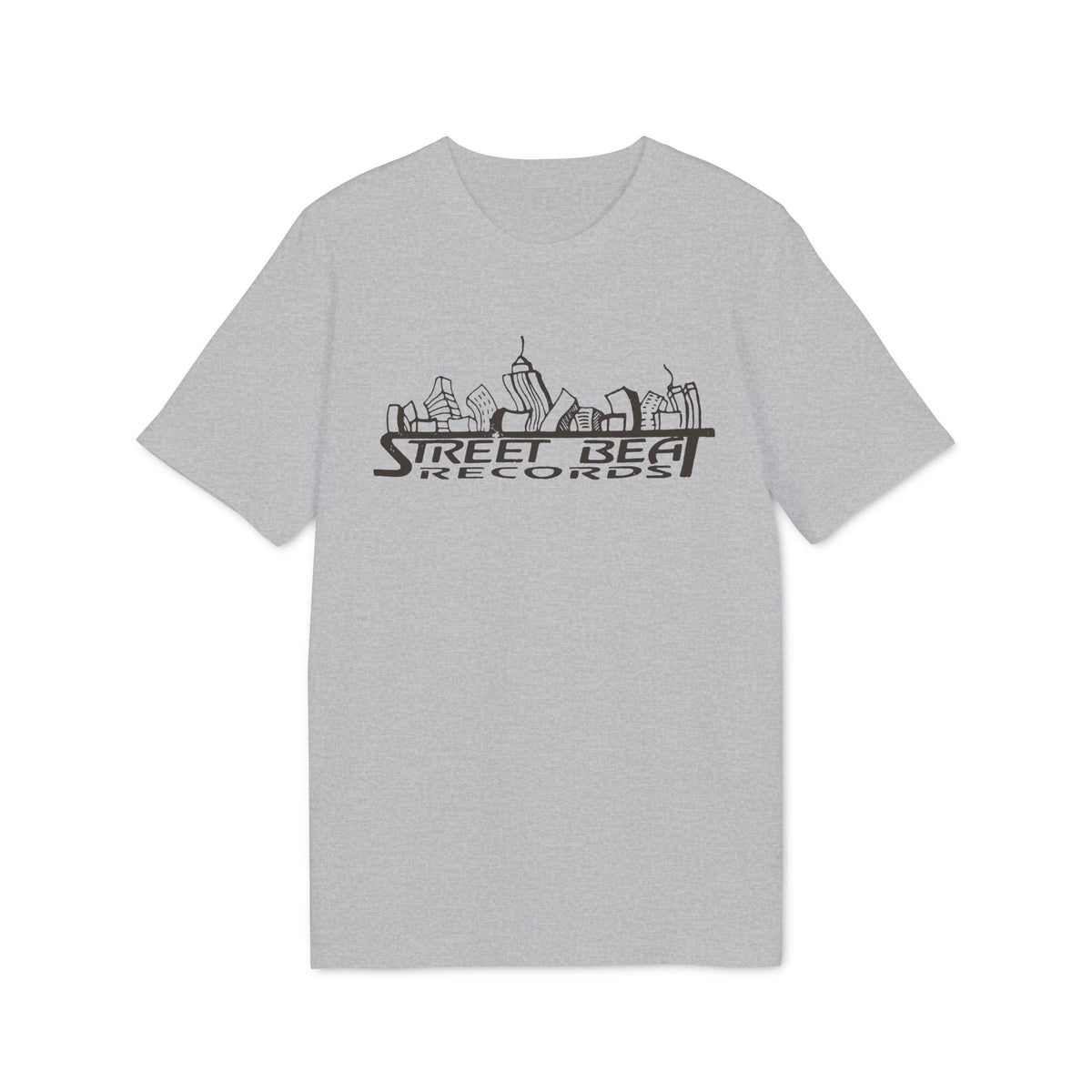 Grey t-shirt with black skyline graphic and text "STREET BEAT RECORDS".