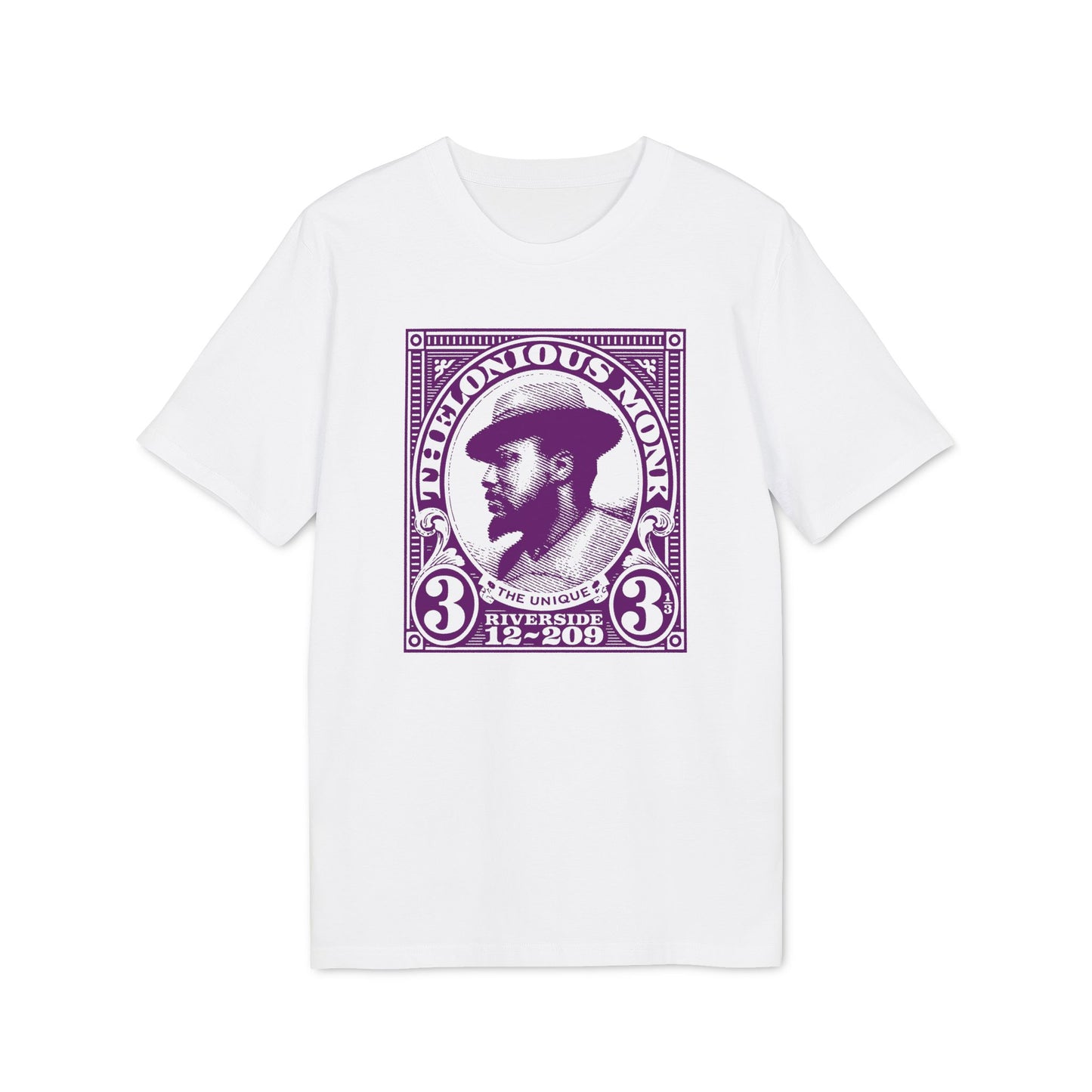 Thelonious Monk stamped portrait with text "The Unique Riverside 12-209" on a white t-shirt.