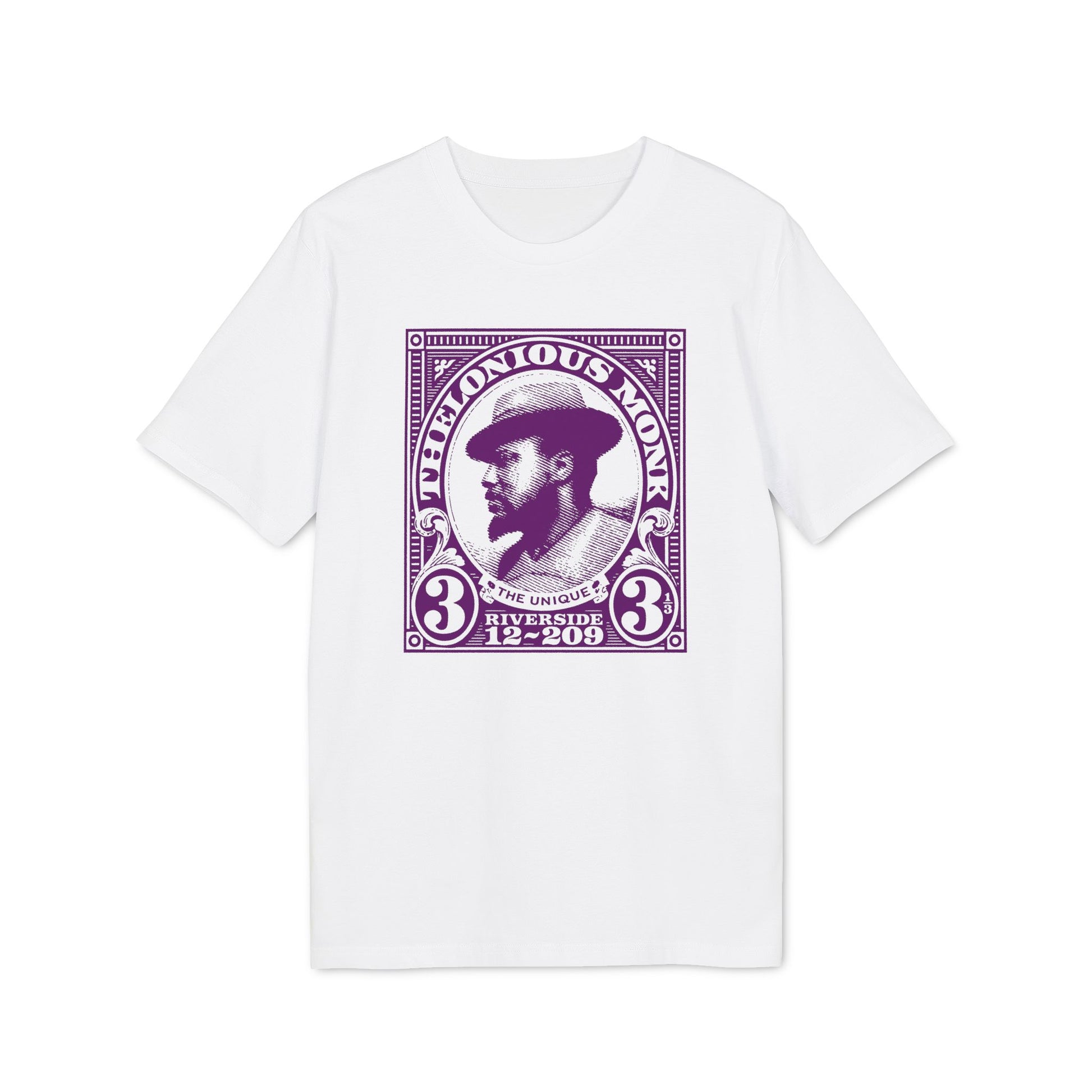 Thelonious Monk stamped portrait with text "The Unique Riverside 12-209" on a white t-shirt.