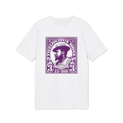 Thelonious Monk stamped portrait with text "The Unique Riverside 12-209" on a white t-shirt.