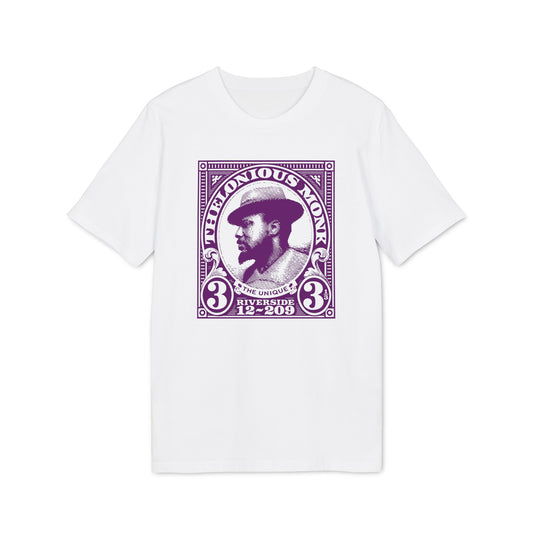 Thelonious Monk stamped portrait with text "The Unique Riverside 12-209" on a white t-shirt.