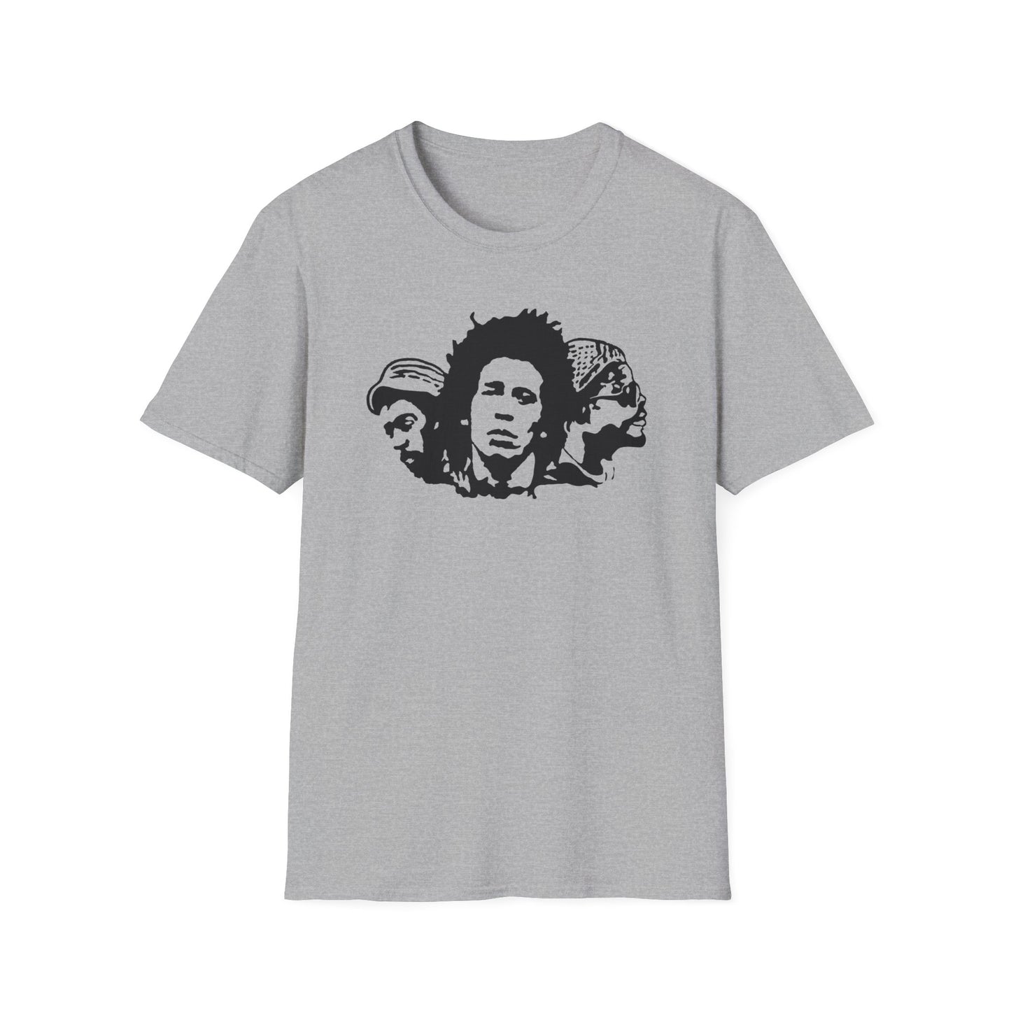 Grey t-shirt with a black graphic of three men's faces in silhouette.