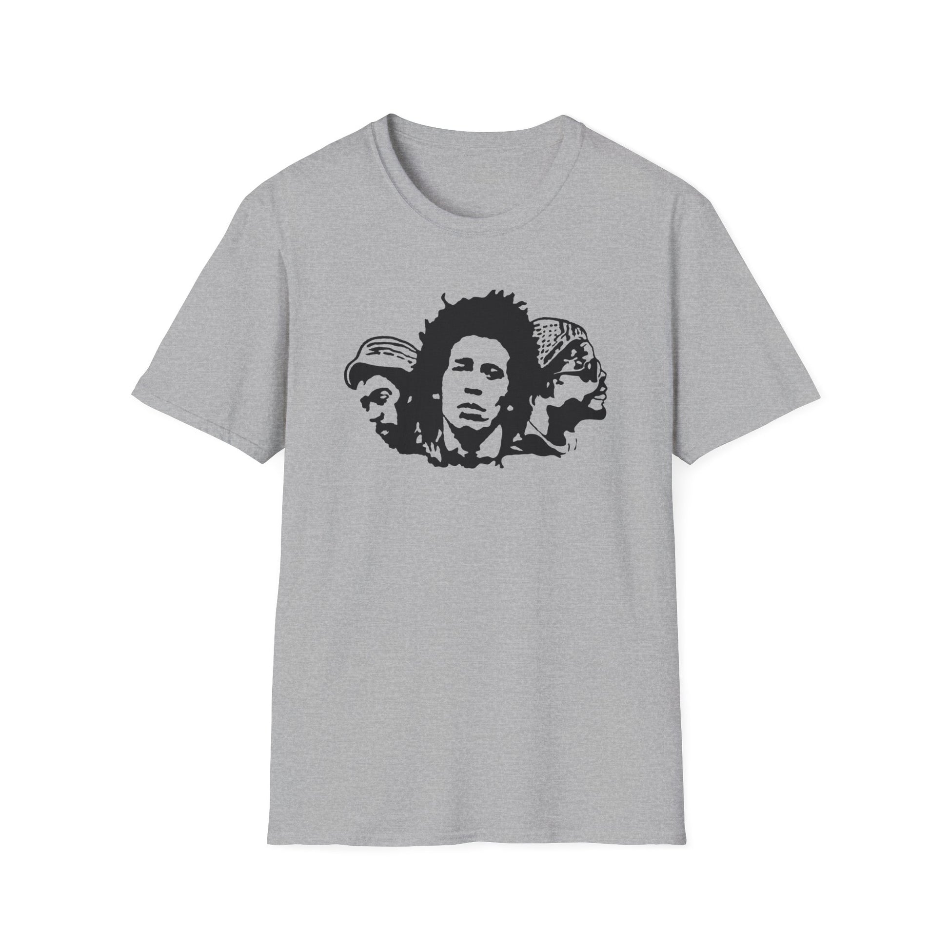 Grey t-shirt with a black graphic of three men's faces in silhouette.
