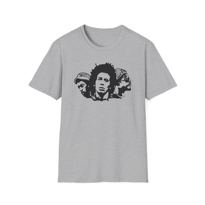 Grey t-shirt with a black graphic of three men's faces in silhouette.