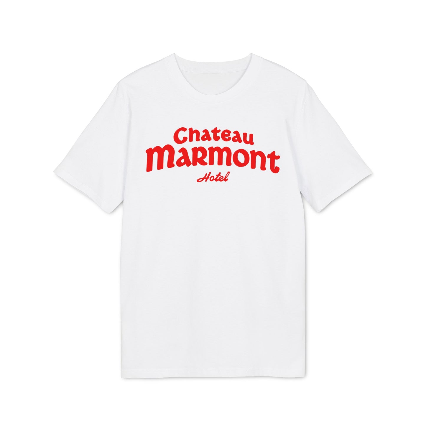 White t-shirt with red "Chateau Marmont Hotel" text.