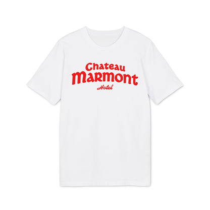 White t-shirt with red "Chateau Marmont Hotel" text.