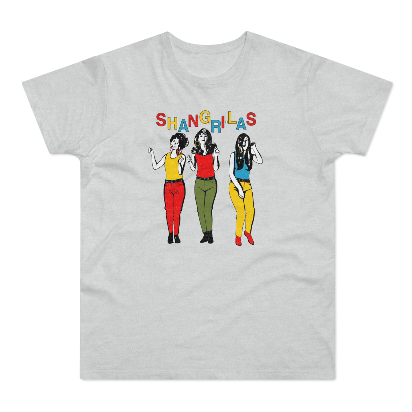 T-shirt with colorful "SHANGRI-LAS" text and illustration of three women.