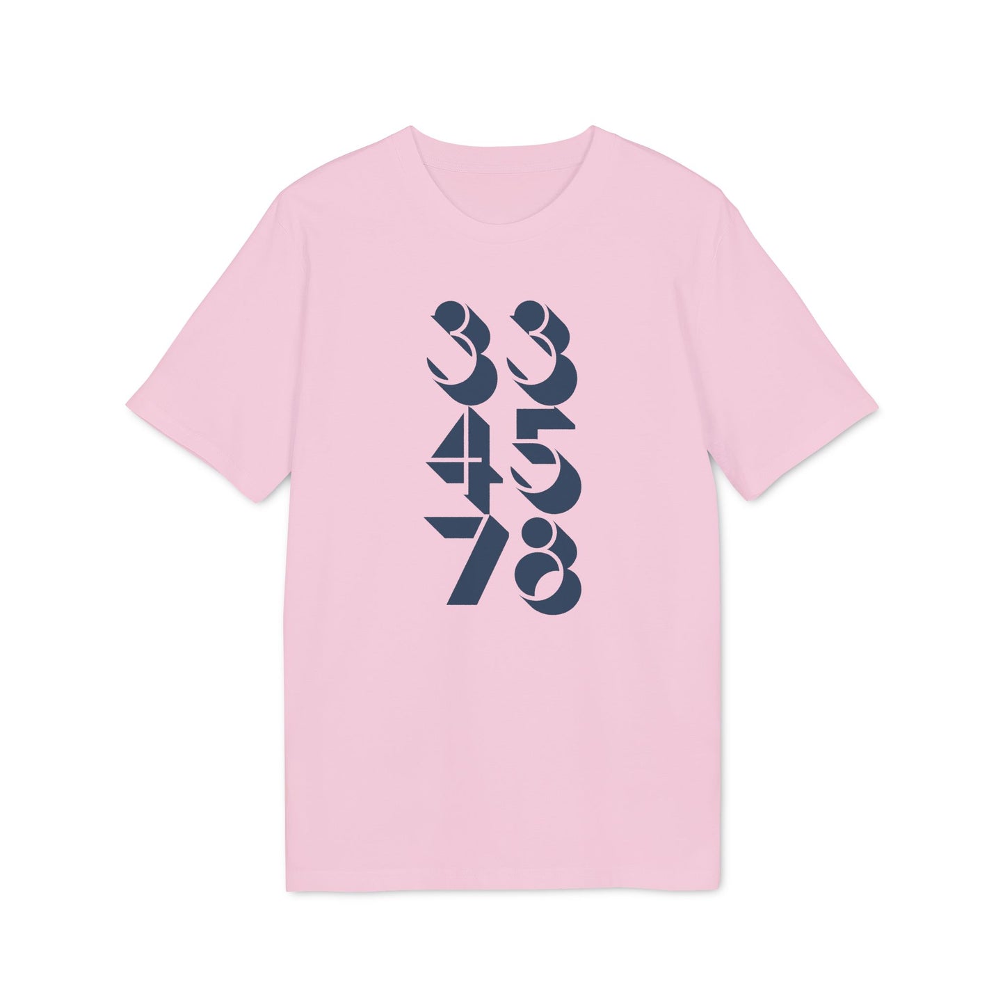 Pink t-shirt with stacked navy blue numbers 33, 45, 78 in a vertical arrangement.