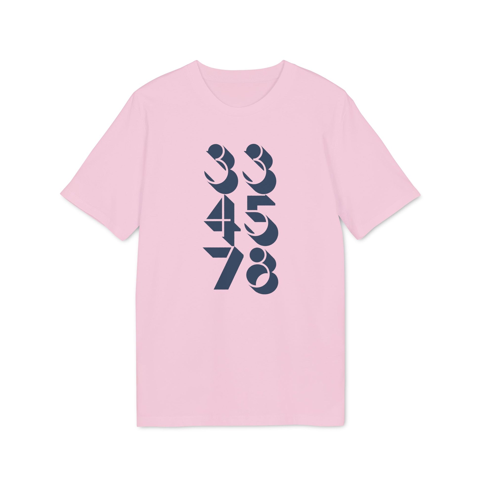 Pink t-shirt with stacked navy blue numbers 33, 45, 78 in a vertical arrangement.