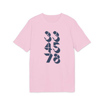 Pink t-shirt with stacked navy blue numbers 33, 45, 78 in a vertical arrangement.