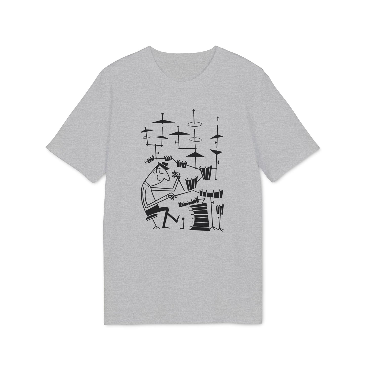 Gray t-shirt with a black line drawing of a person playing drums.