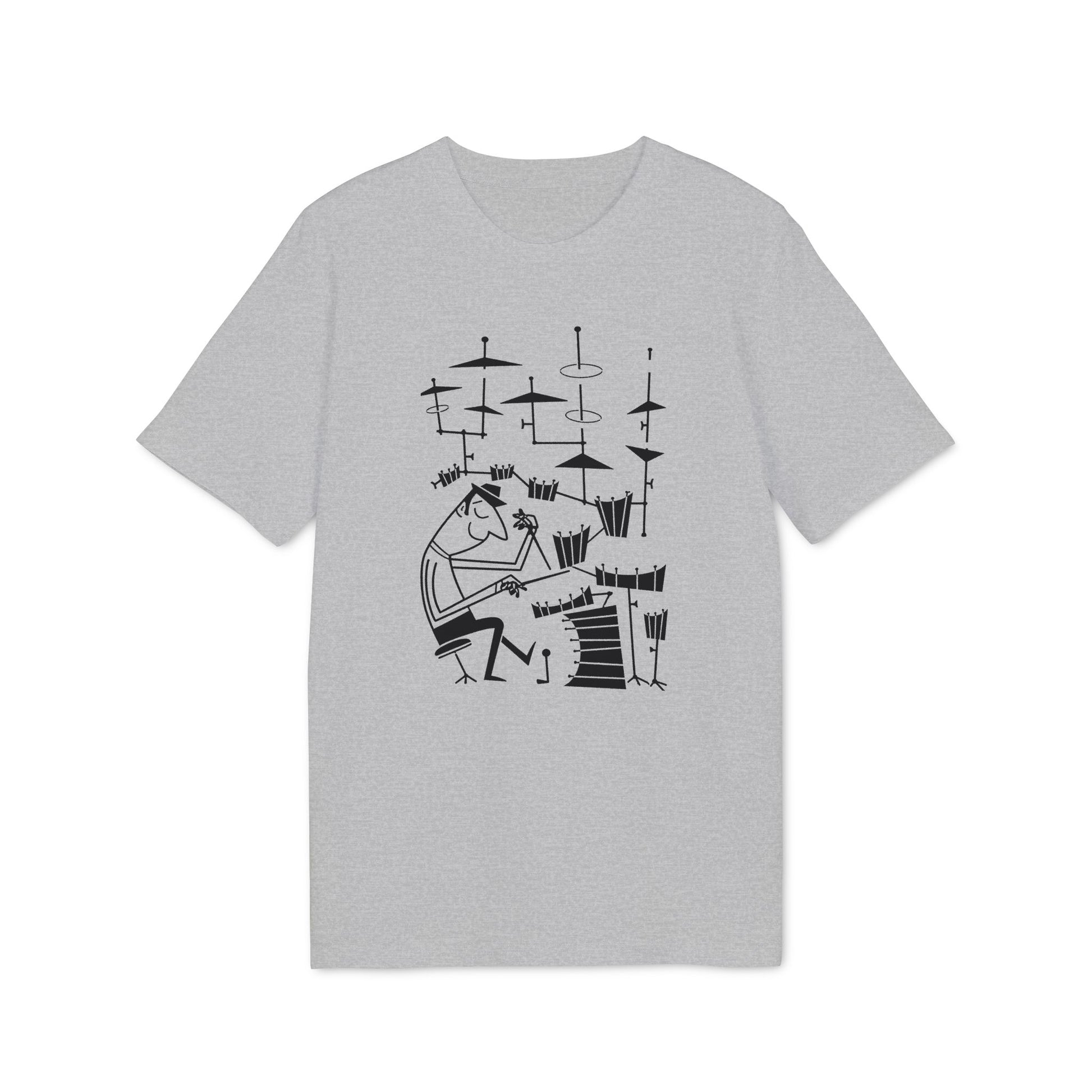 Gray t-shirt with a black line drawing of a person playing drums.
