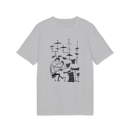 Gray t-shirt with a black line drawing of a person playing drums.