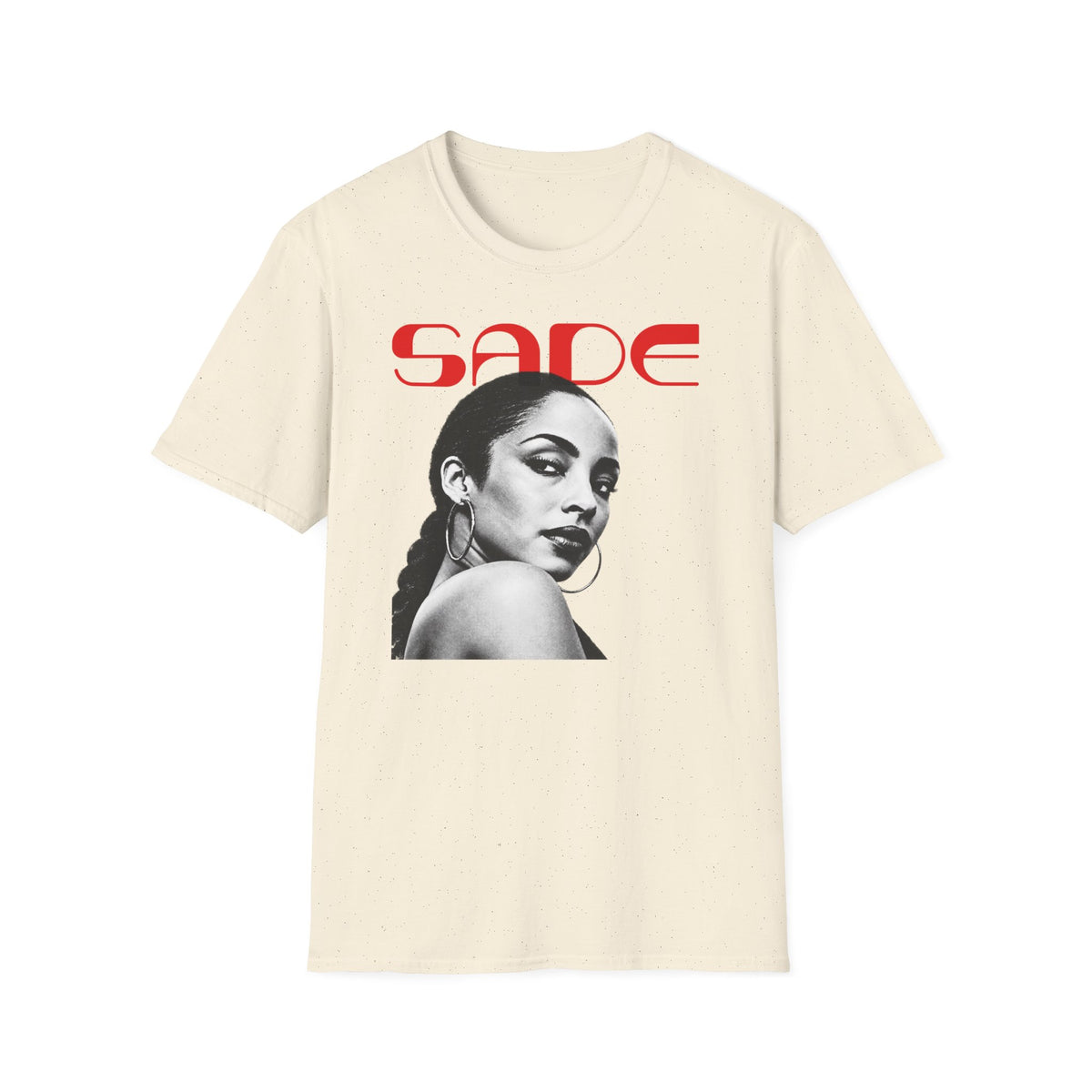 Cream t-shirt with red "SADE" text and black and white portrait of Sade Adu.