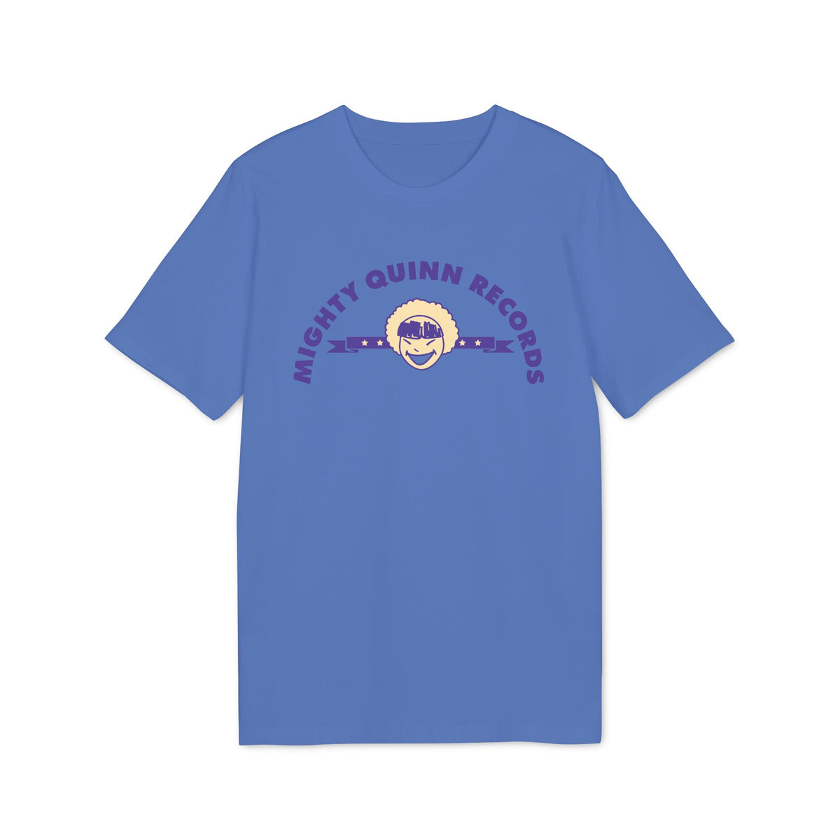 Blue t-shirt with purple "MIGHTY QUINN RECORDS" text and cartoon face logo.
