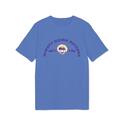 Blue t-shirt with purple "MIGHTY QUINN RECORDS" text and cartoon face logo.