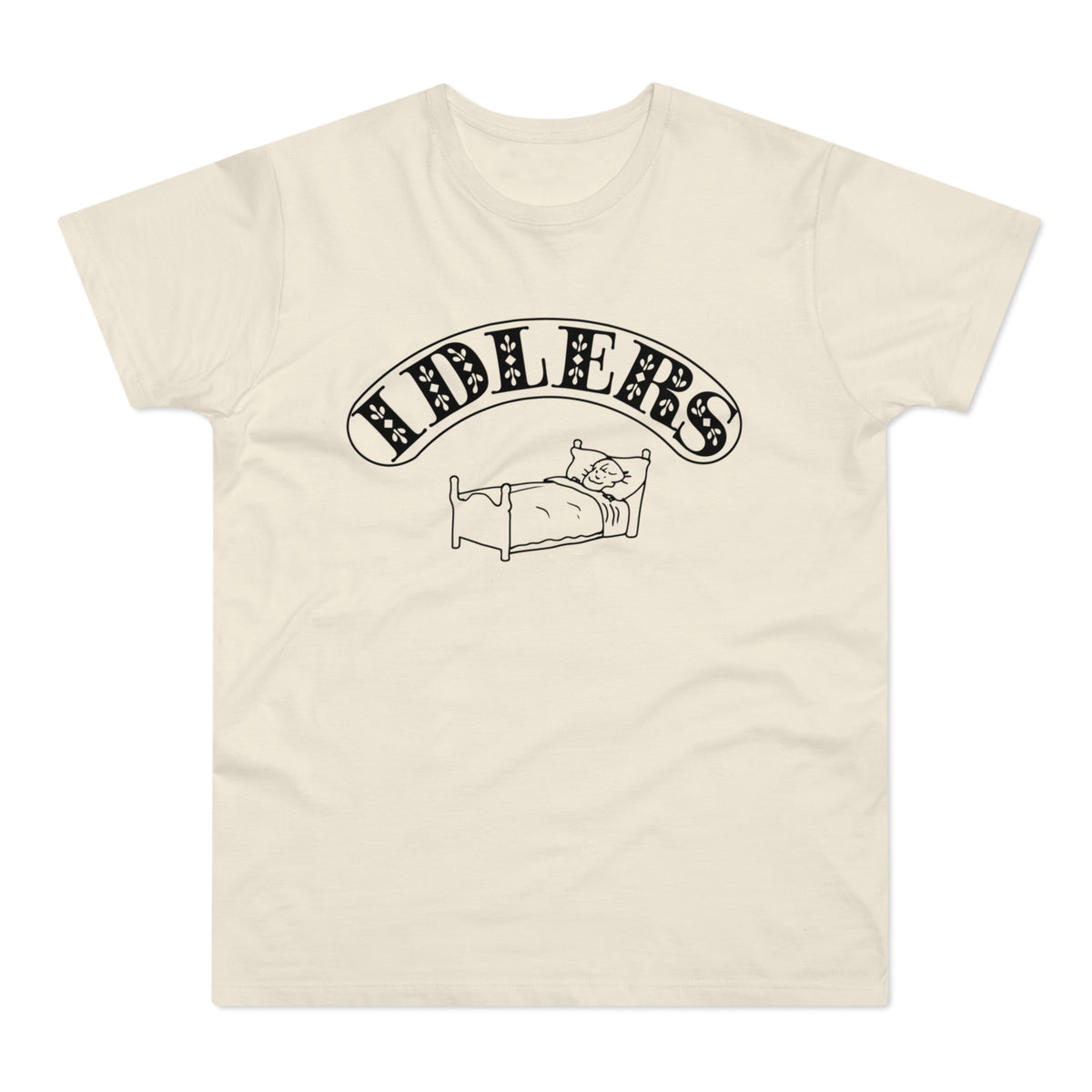 Cream t-shirt with black graphic of "IDLERS" text above a sleeping person in bed.