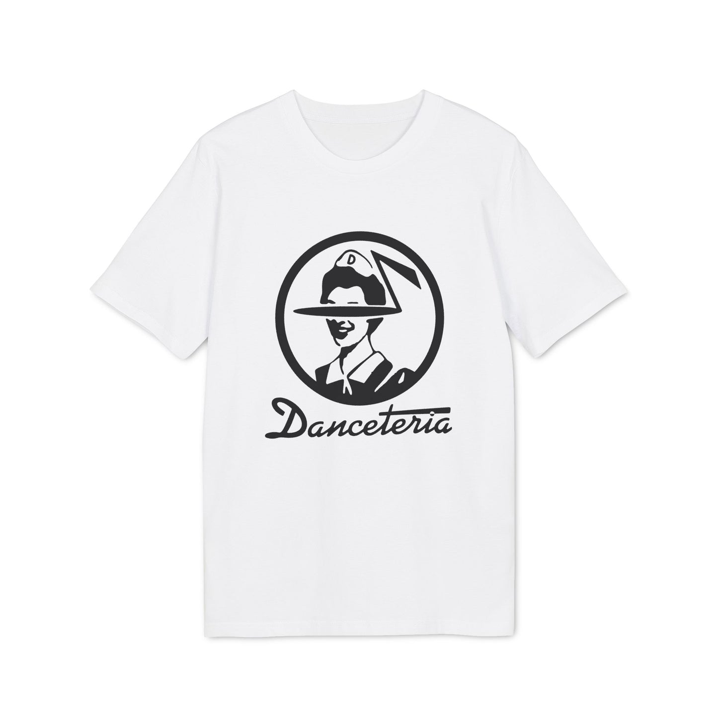 White t-shirt with black logo featuring a person in a hat and "Danceteria" text.