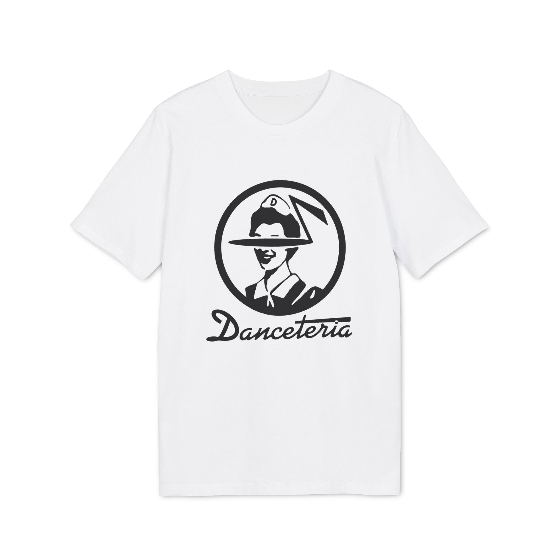 White t-shirt with black logo featuring a person in a hat and "Danceteria" text.