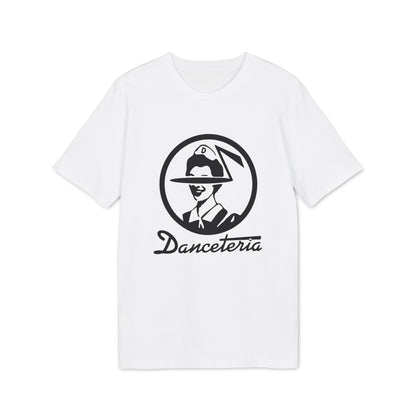 White t-shirt with black logo featuring a person in a hat and "Danceteria" text.