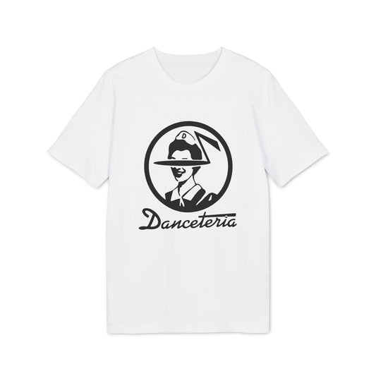 White t-shirt with black logo featuring a person in a hat and "Danceteria" text.