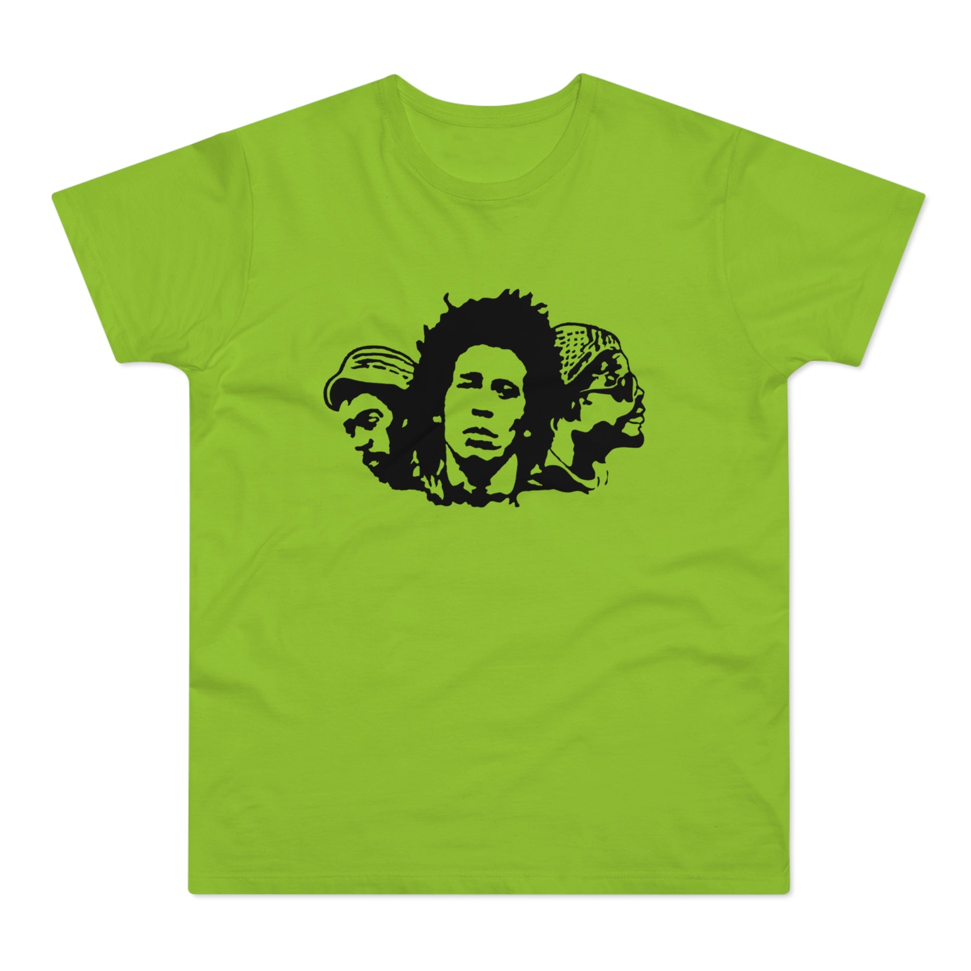 Three black silhouettes of faces, including Bob Marley, on a lime green t-shirt.