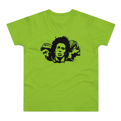 Three black silhouettes of faces, including Bob Marley, on a lime green t-shirt.
