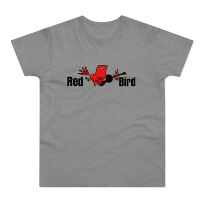 Gray t-shirt with the words "Red Bird" and a stylized red bird logo.
