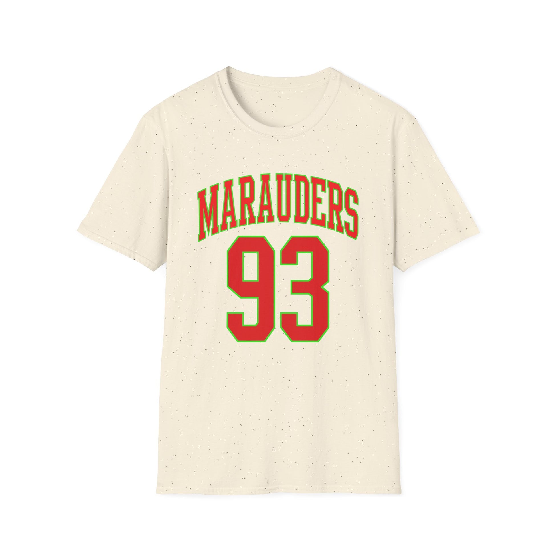 Cream t-shirt with "Marauders 93" printed in red and green.