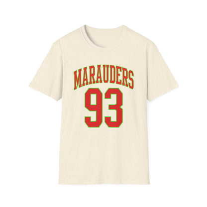 Cream t-shirt with "Marauders 93" printed in red and green.