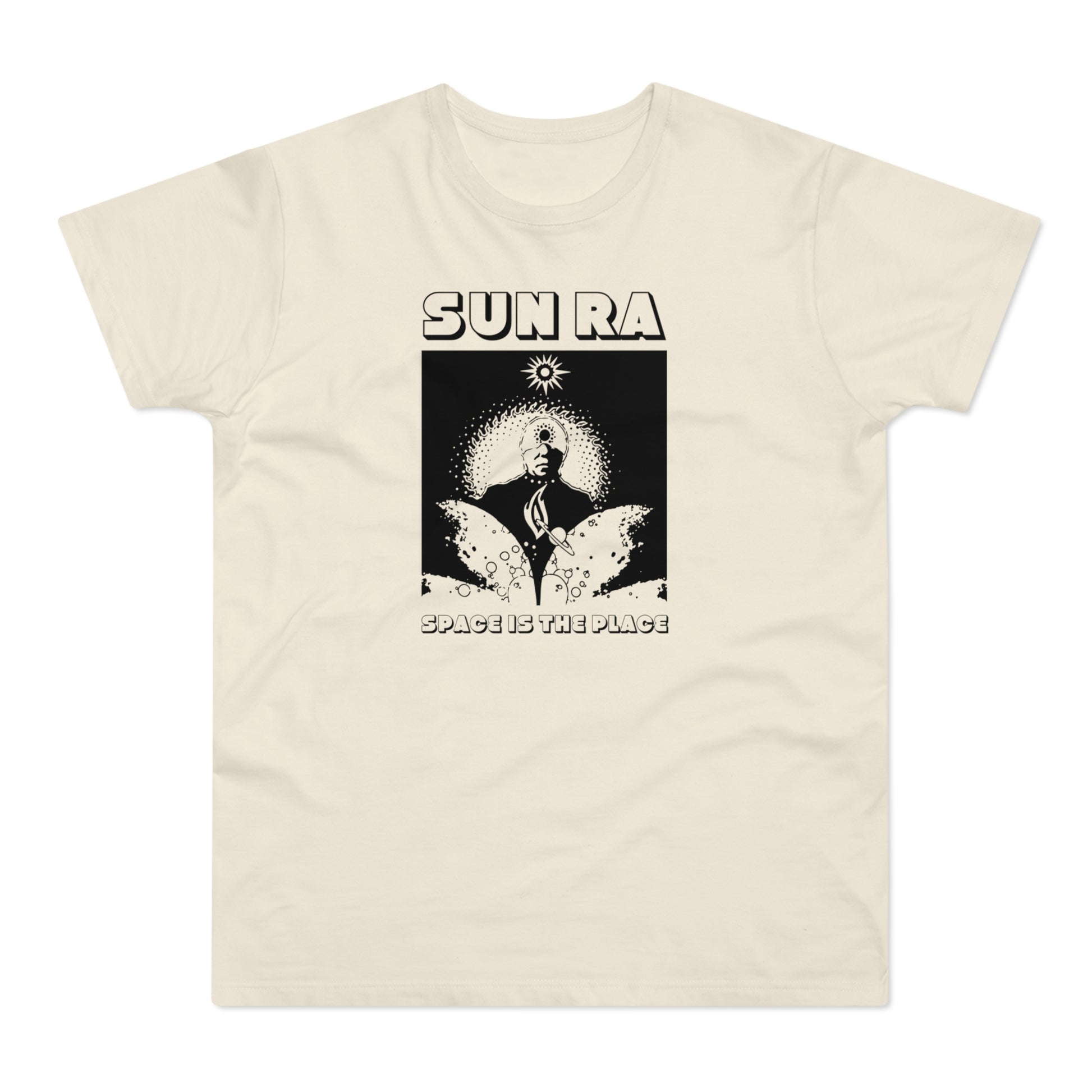 Cream t-shirt with black graphic of Sun Ra and "SPACE IS THE PLACE" text.