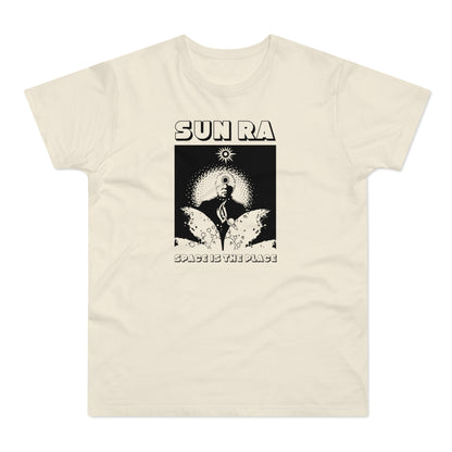 Cream t-shirt with black graphic of Sun Ra and "SPACE IS THE PLACE" text.