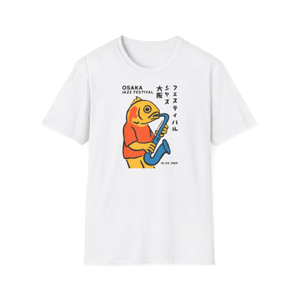 White t-shirt with cartoon fish playing saxophone for Osaka Jazz Festival.
