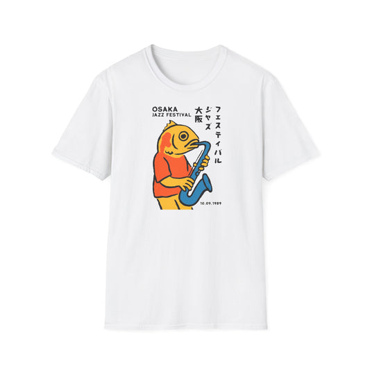 White t-shirt with cartoon fish playing saxophone for Osaka Jazz Festival.