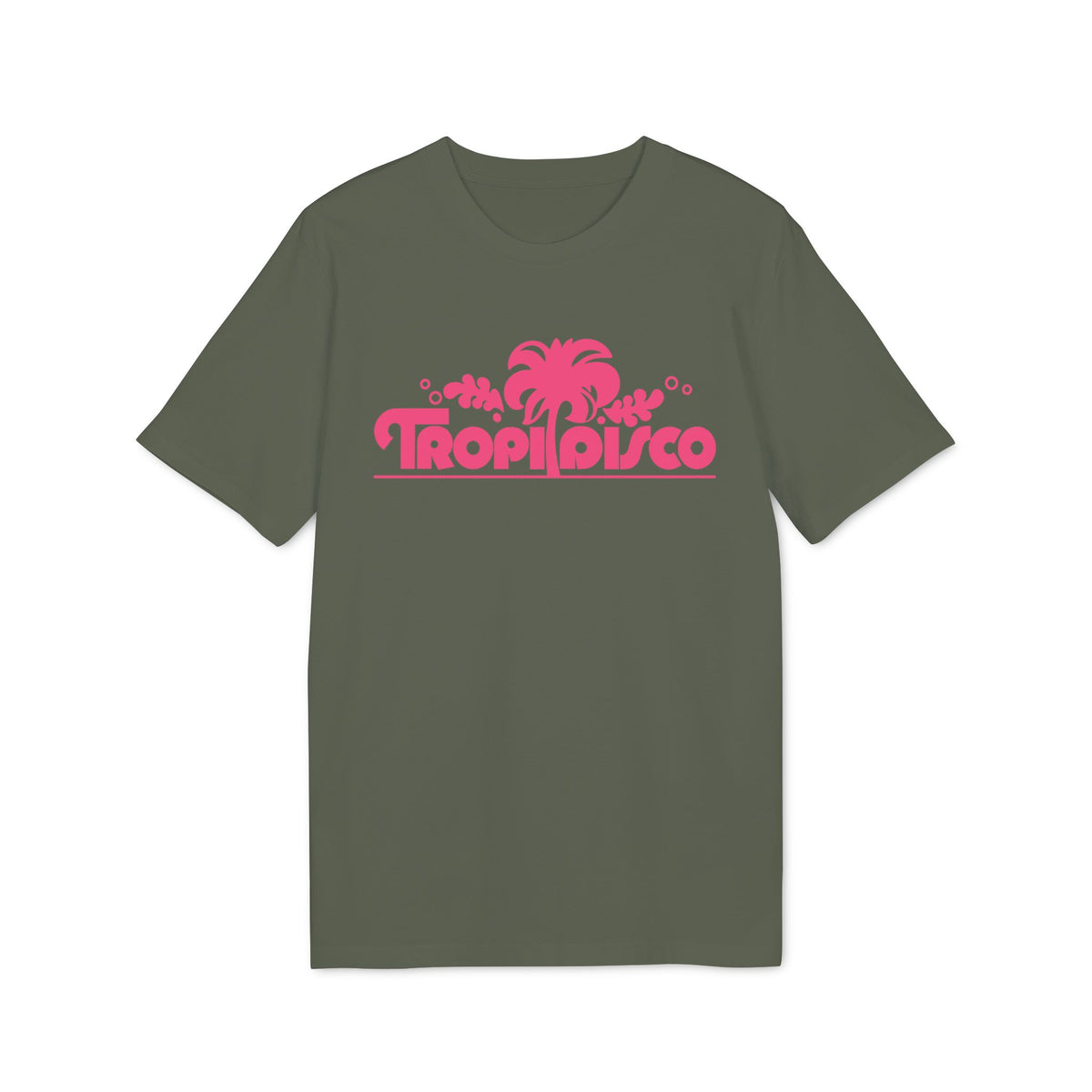Green t-shirt with a pink "Tropi Disco" text and palm tree graphic.